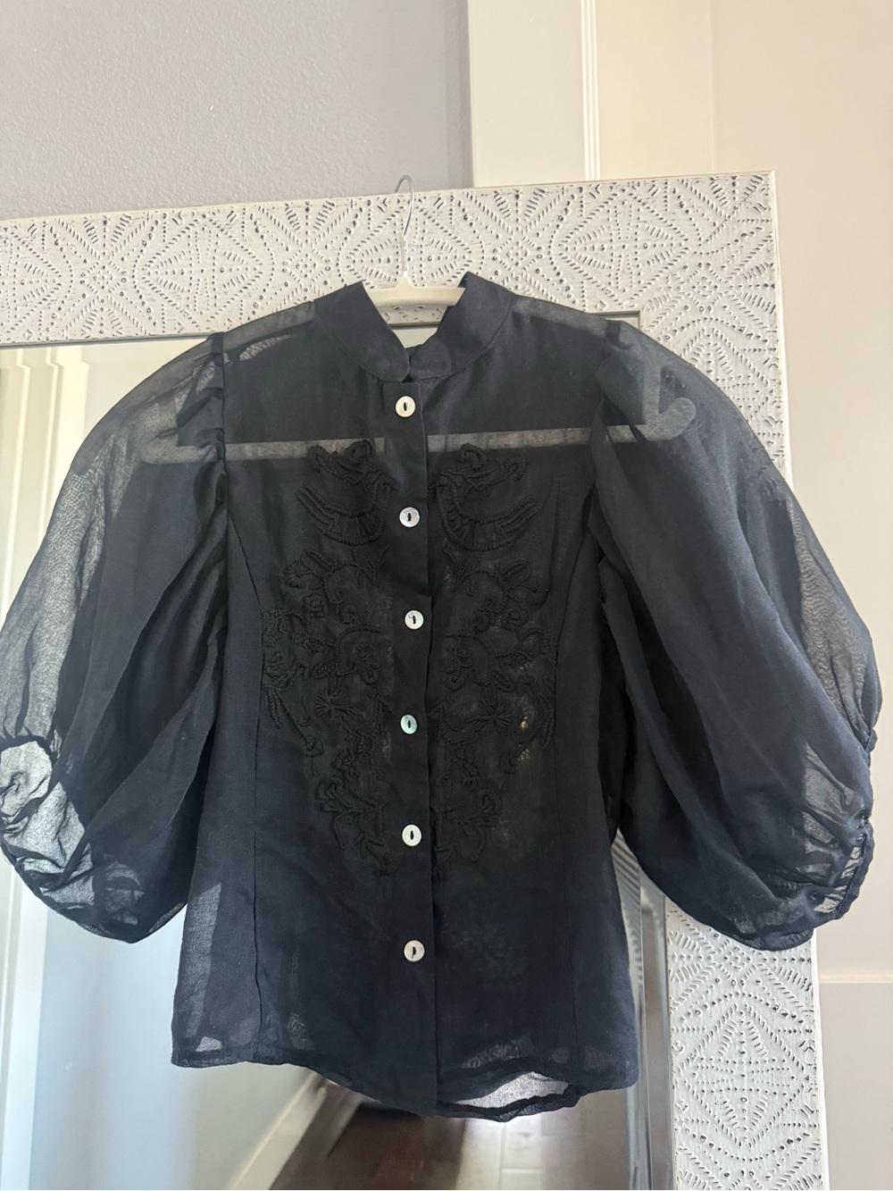 Black Sheer Puff-Sleeve Blouse - Elegant Button-Front